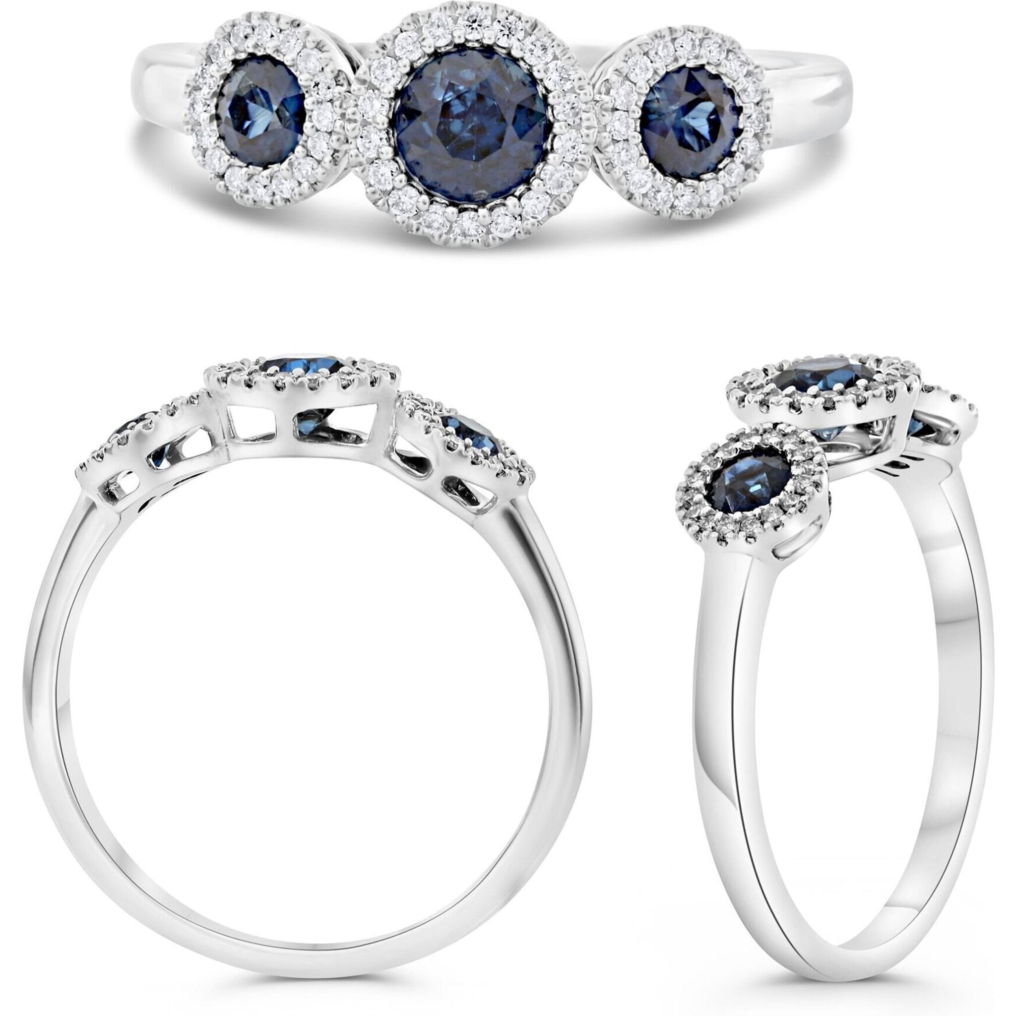 Roman & Jules 18K White Gold Round Sapphire Ring with Diamond Halo - 0.58 Carat Sapphire