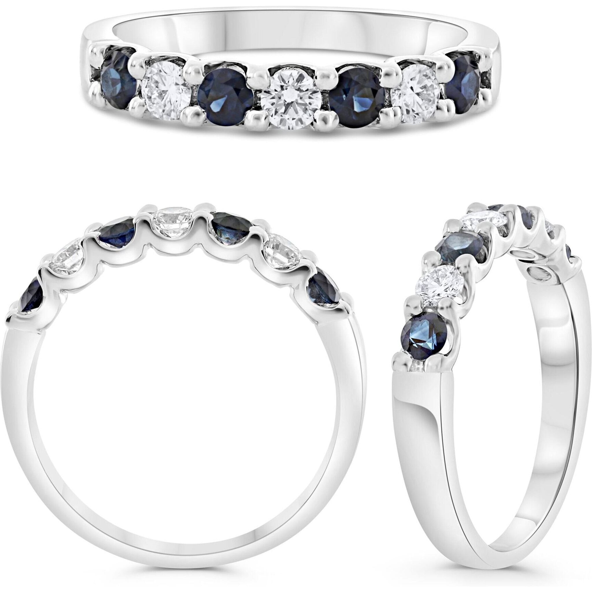 Roman & Jules 18K White Gold Round Sapphire Ring with Diamond-Studded Band - 0.54 Carat Sapphire