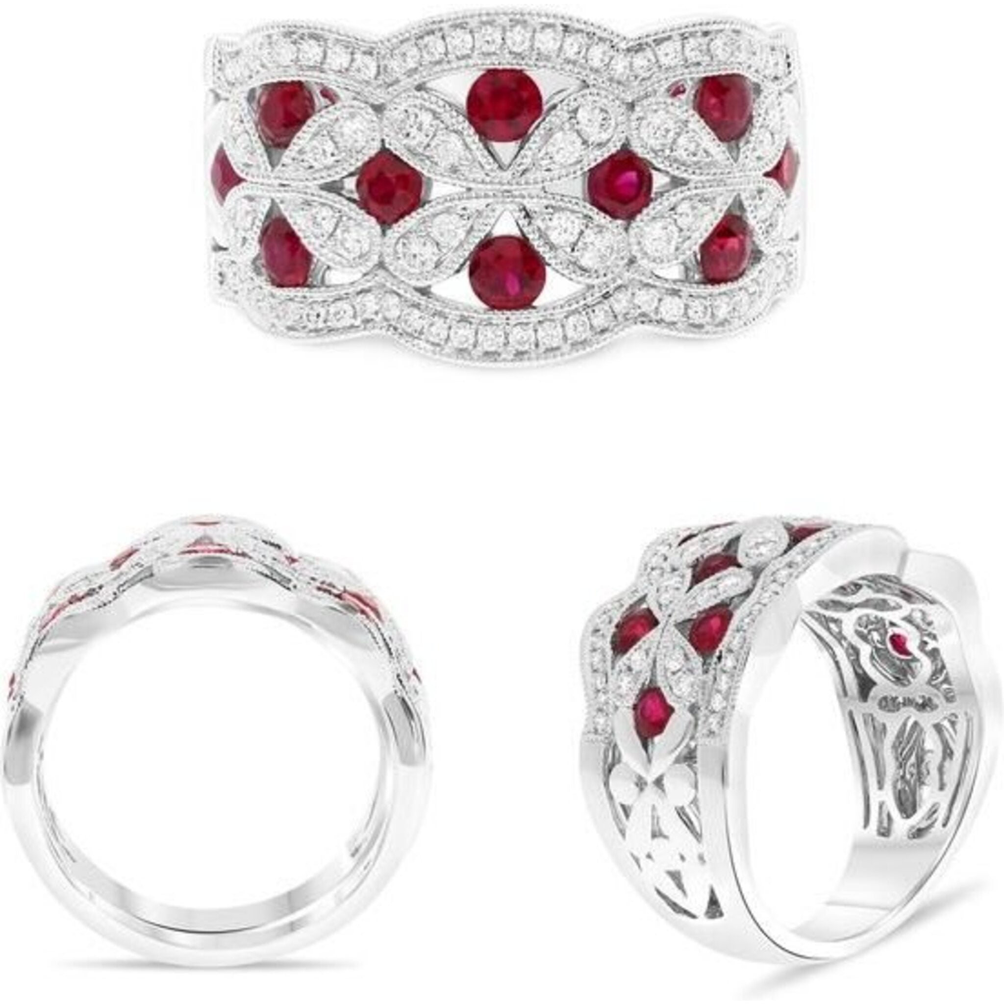 Roman & Jules 18K White Gold Ruby and Diamond Vintage Inspired Wedding Band - 1.24 Carat Total Gem Weight