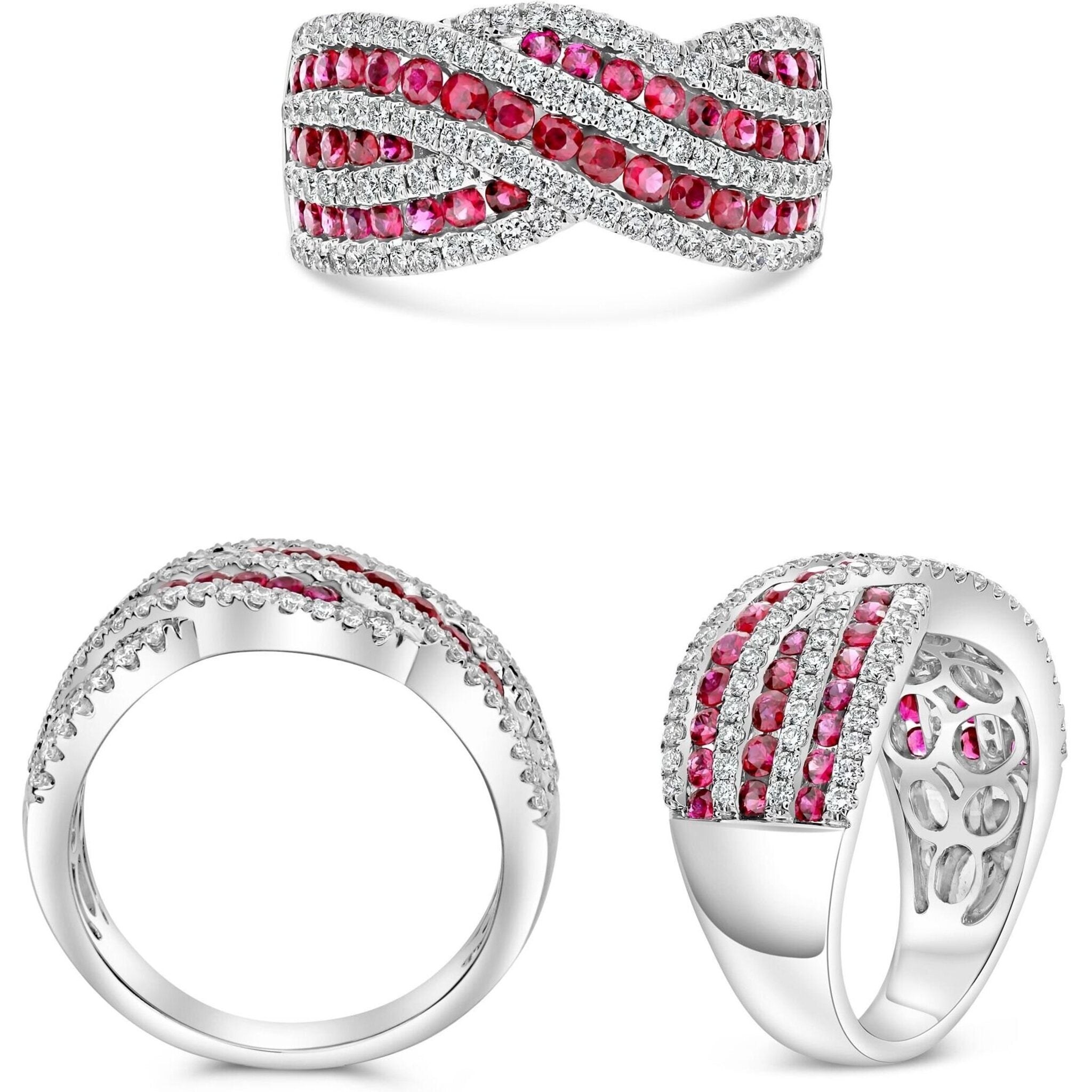 Roman & Jules 18K White Gold Ruby Ring with 0.67 Carat Round Diamond and 1.22 Carat Round Rubies and Passionate Love