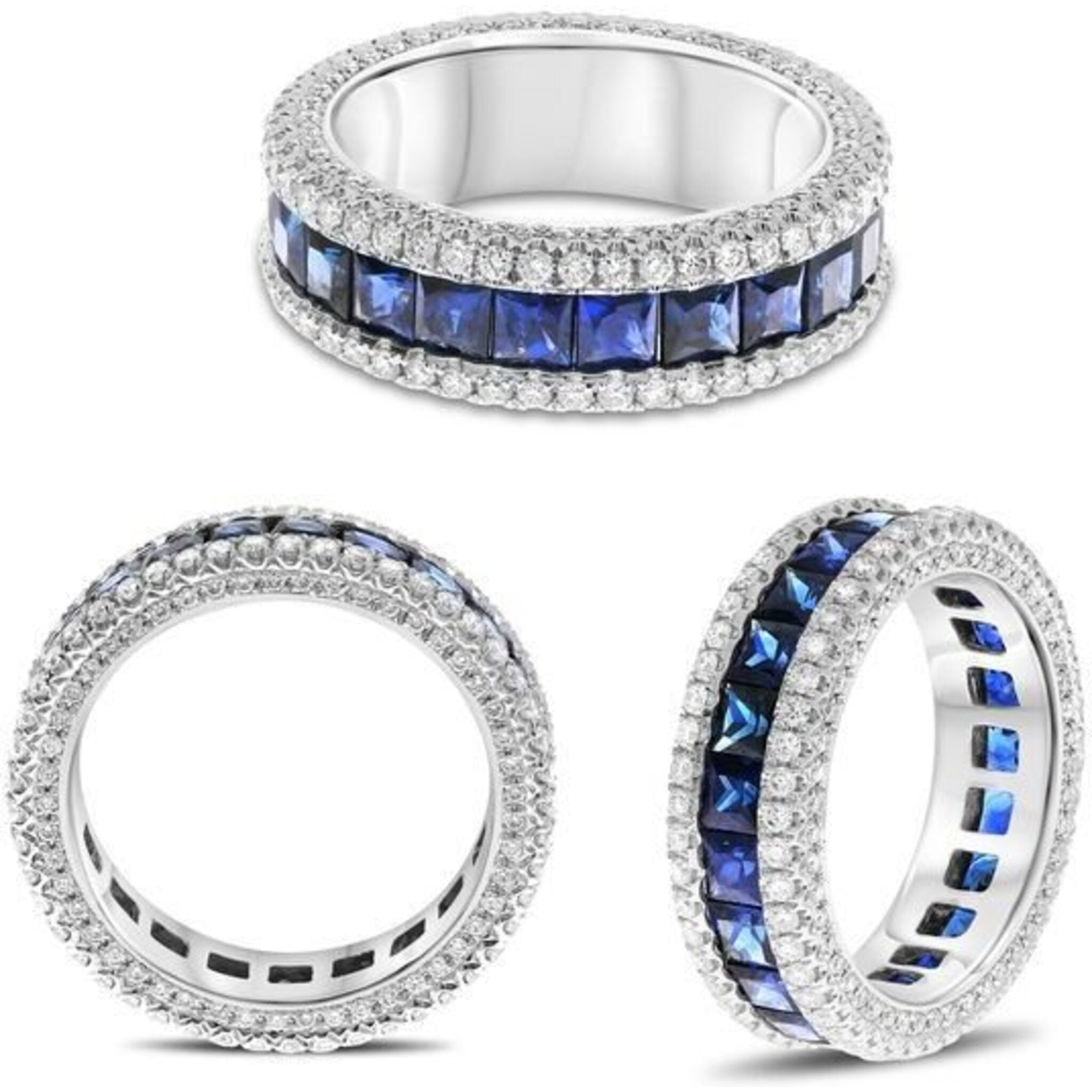 Roman & Jules 18K White Gold Three Row Sapphire & Diamond Eternity Band - 1.03 Carat Diamond, 4.24 Carat Sapphire