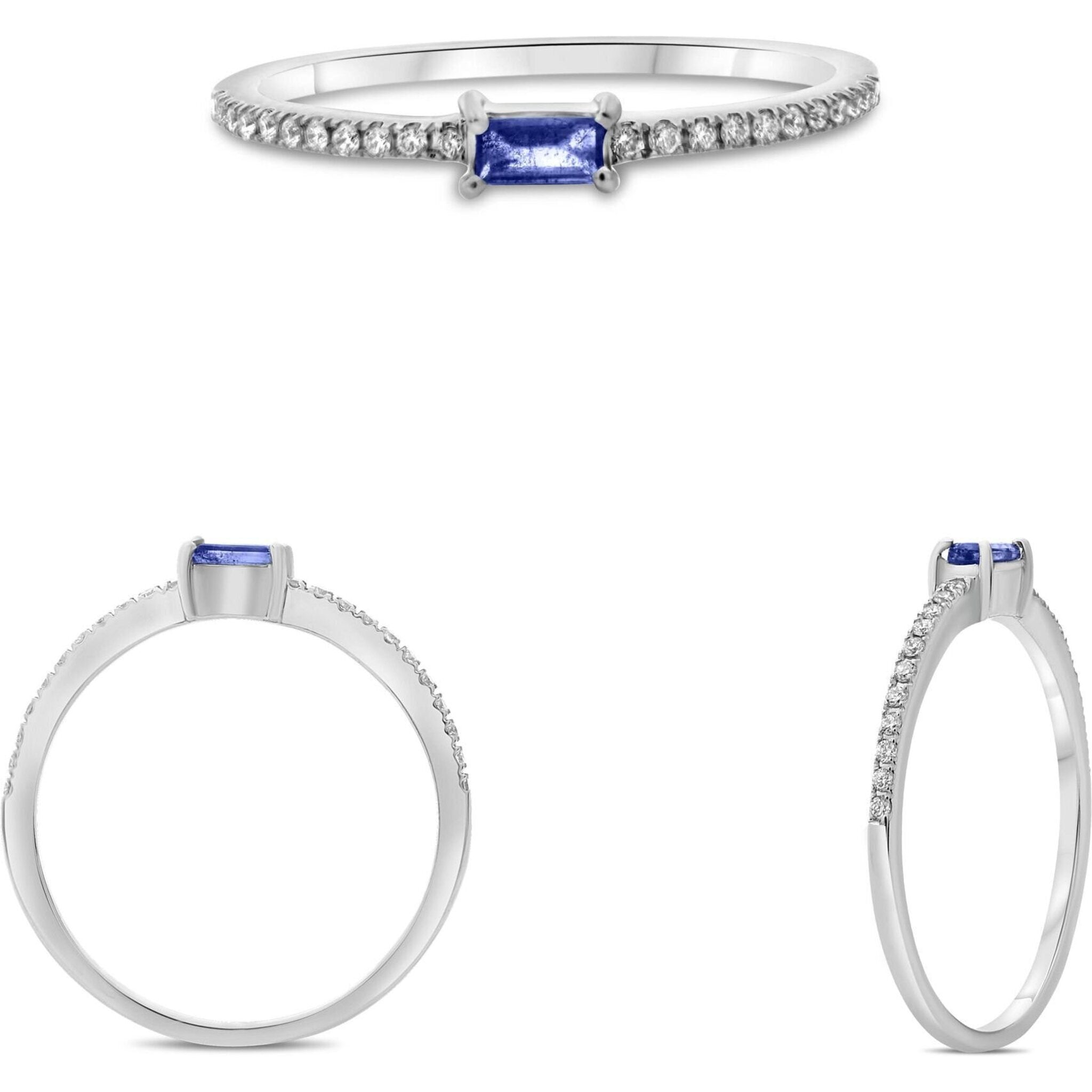 Roman & Jules 18K Yellow Gold Baguette Sapphire and Diamond Halo Ring - 0.15 Carat Sapphire, 0.09 Carat Diamonds