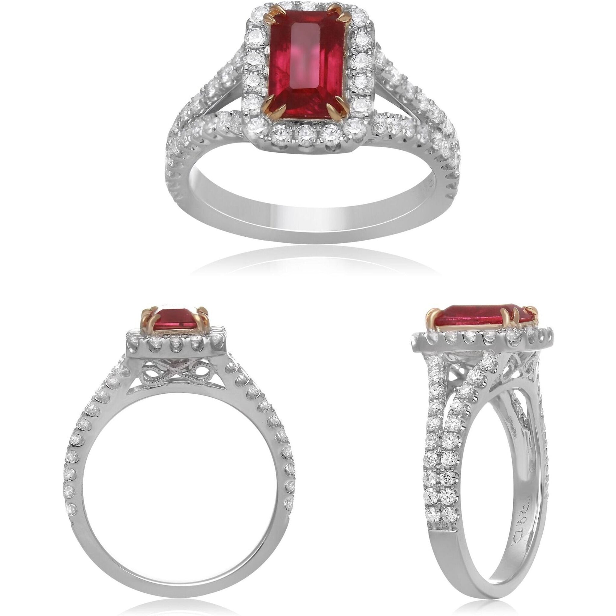 Roman & Jules 18K Yellow Gold Emerald Cut Ruby Ring with Round Diamond Accents - 1.70 Carat Ruby, 0.79 Carat Total Diamond Weight