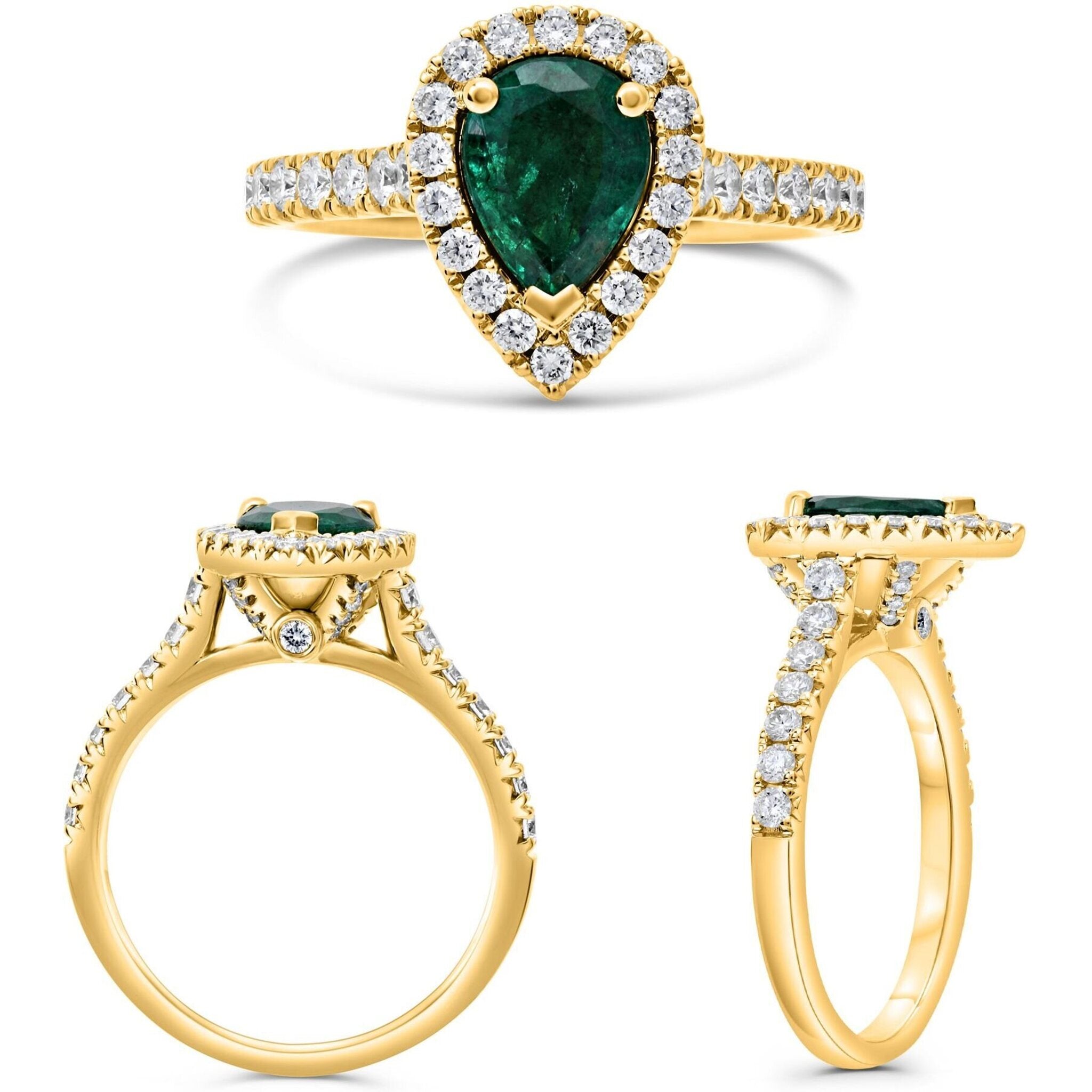 Roman & Jules 18K Yellow Gold Halo Engagement Ring with 0.60 Carat Round Diamond and 1.05 Carat Emerald-Cut Diamonds