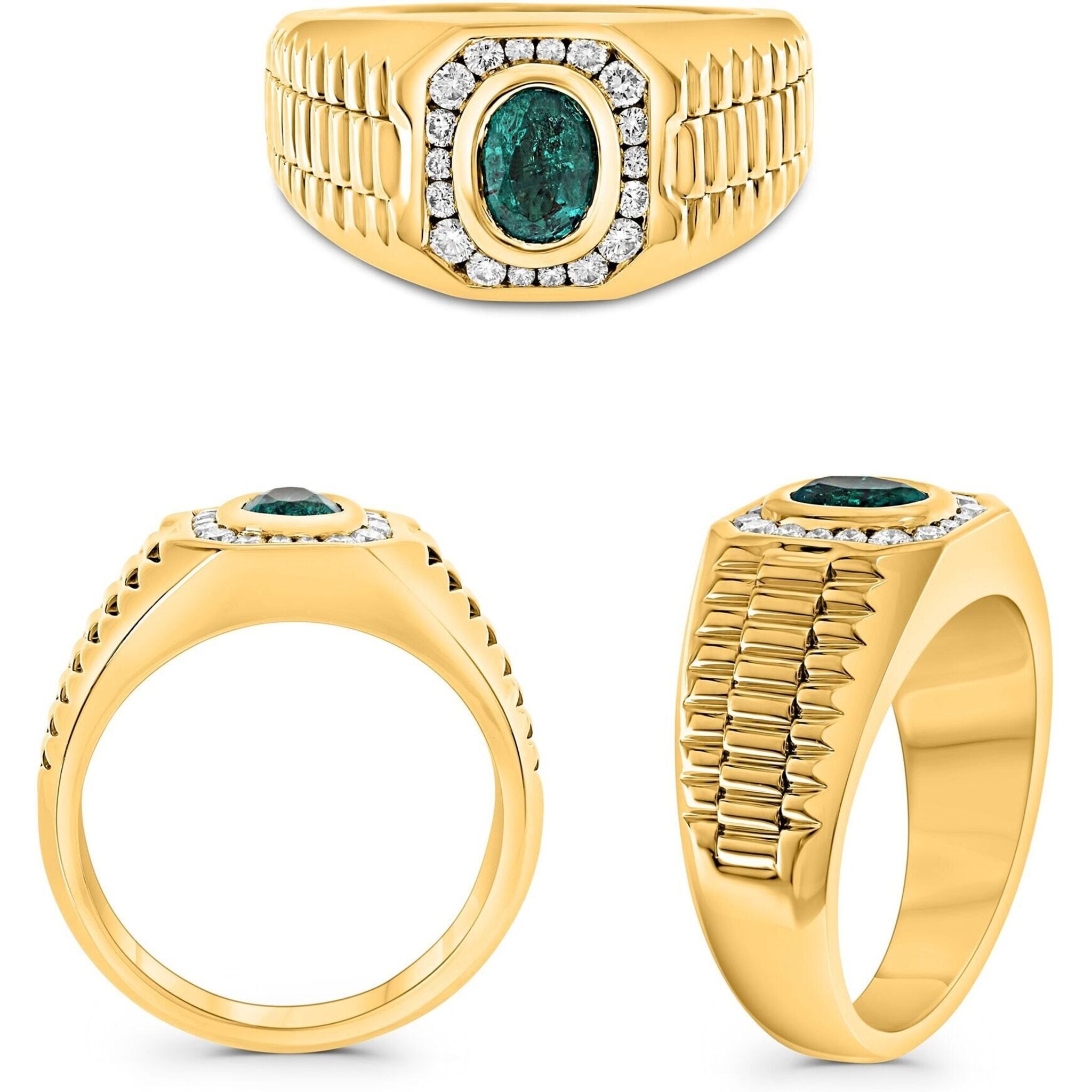Roman & Jules 18K Yellow Gold Oval Emerald Men's Ring with Diamond Accents - 1.04 Carat Total Gem Weight
