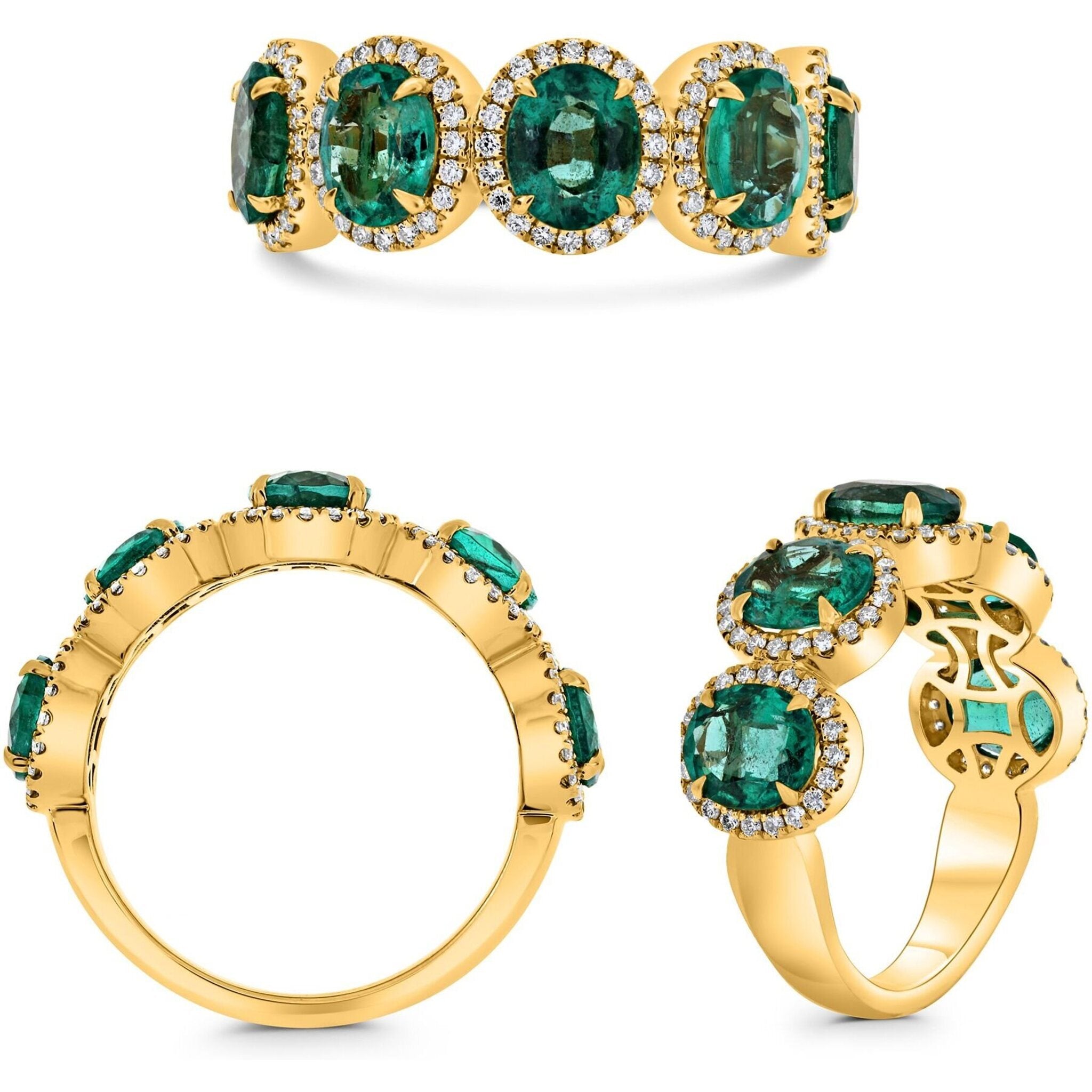 Roman & Jules 18K Yellow Gold Oval Emerald Ring with 0.33 Carat Diamond Halo