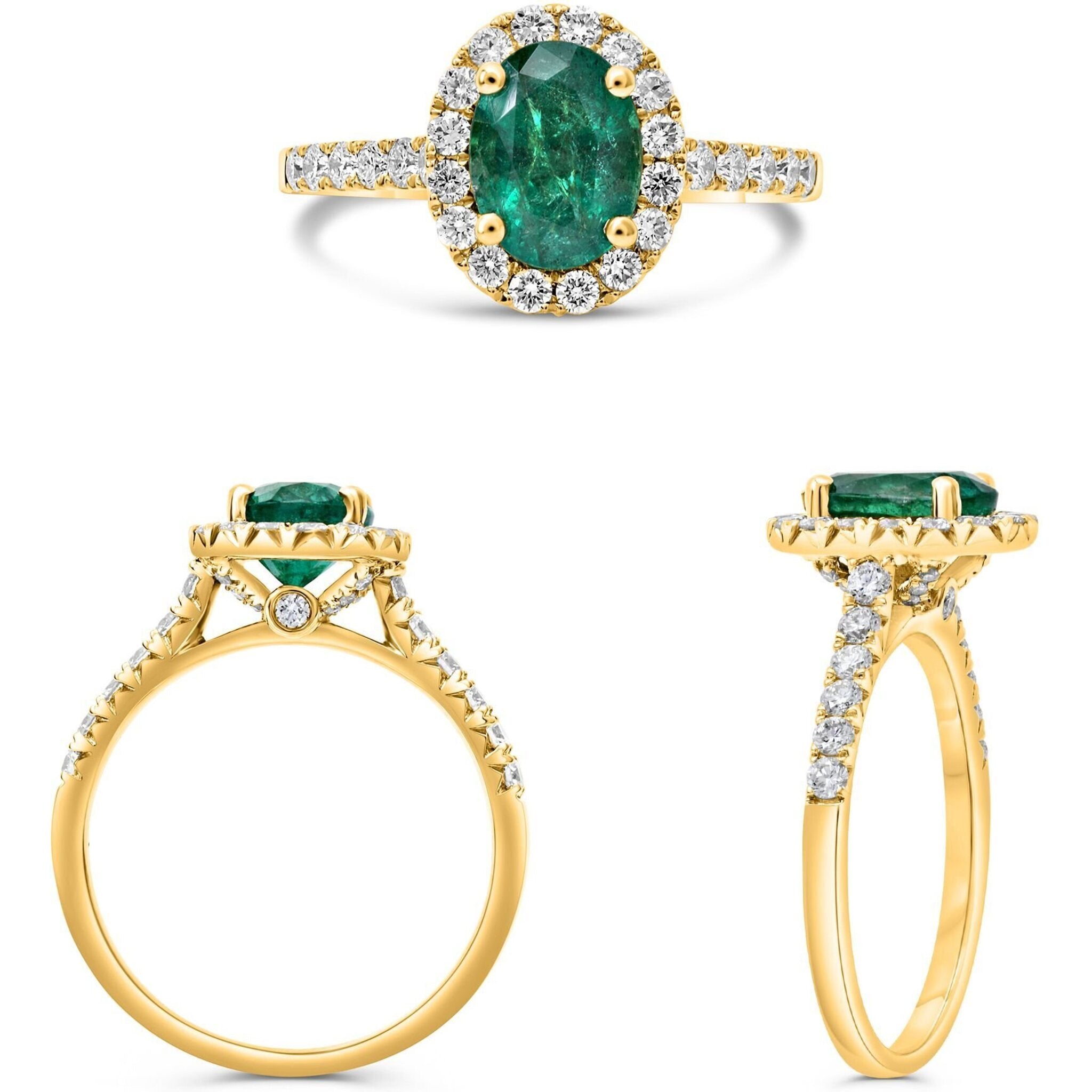 Roman & Jules 18K Yellow Gold Oval Emerald Ring with 0.58 Carat Round Diamond Halo - 1.35 Carat Emerald Center
