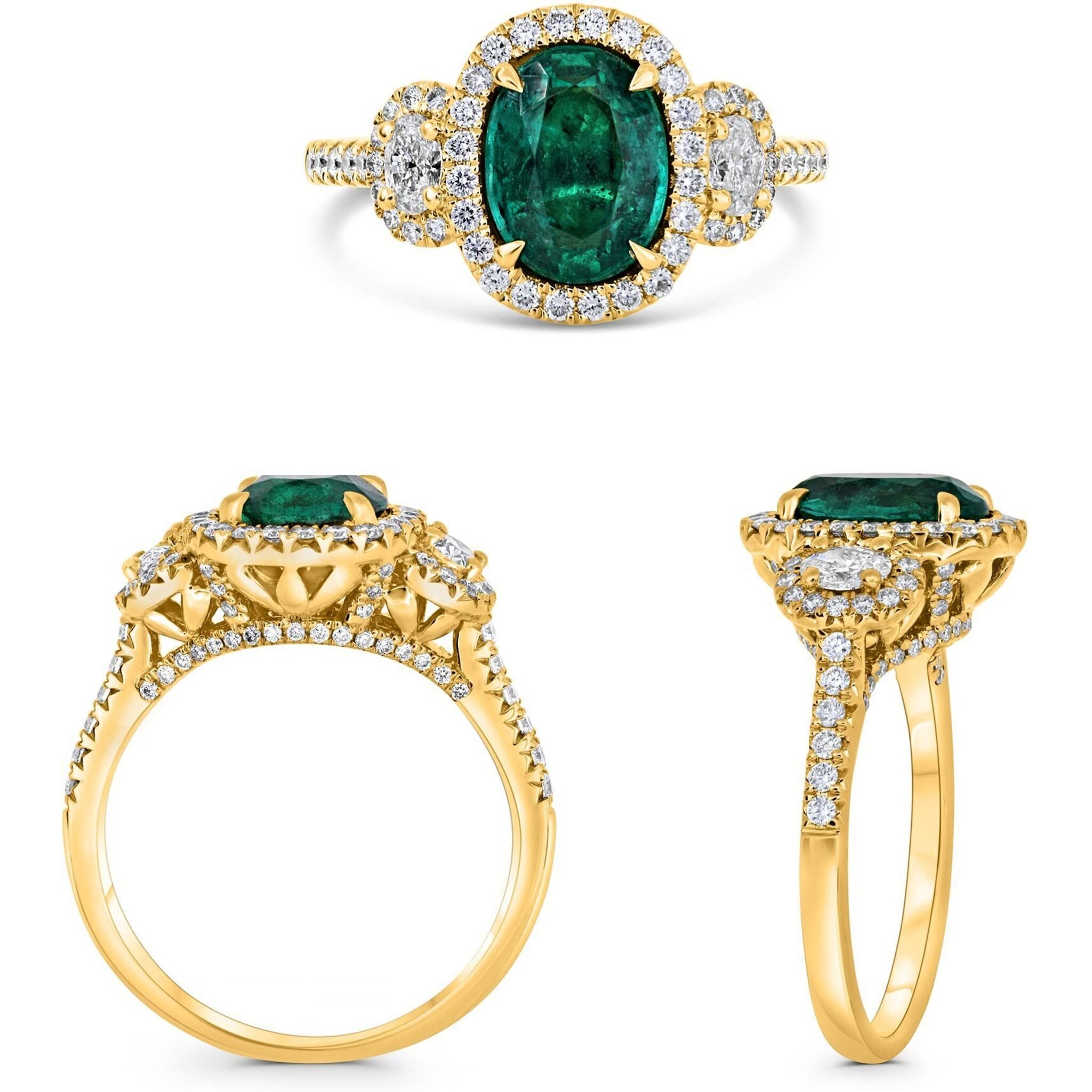 Roman & Jules 18K Yellow Gold Oval Emerald Ring with Diamond Halo - 0.24 Carat Emerald, 0.47 Carat Total Diamond Weight
