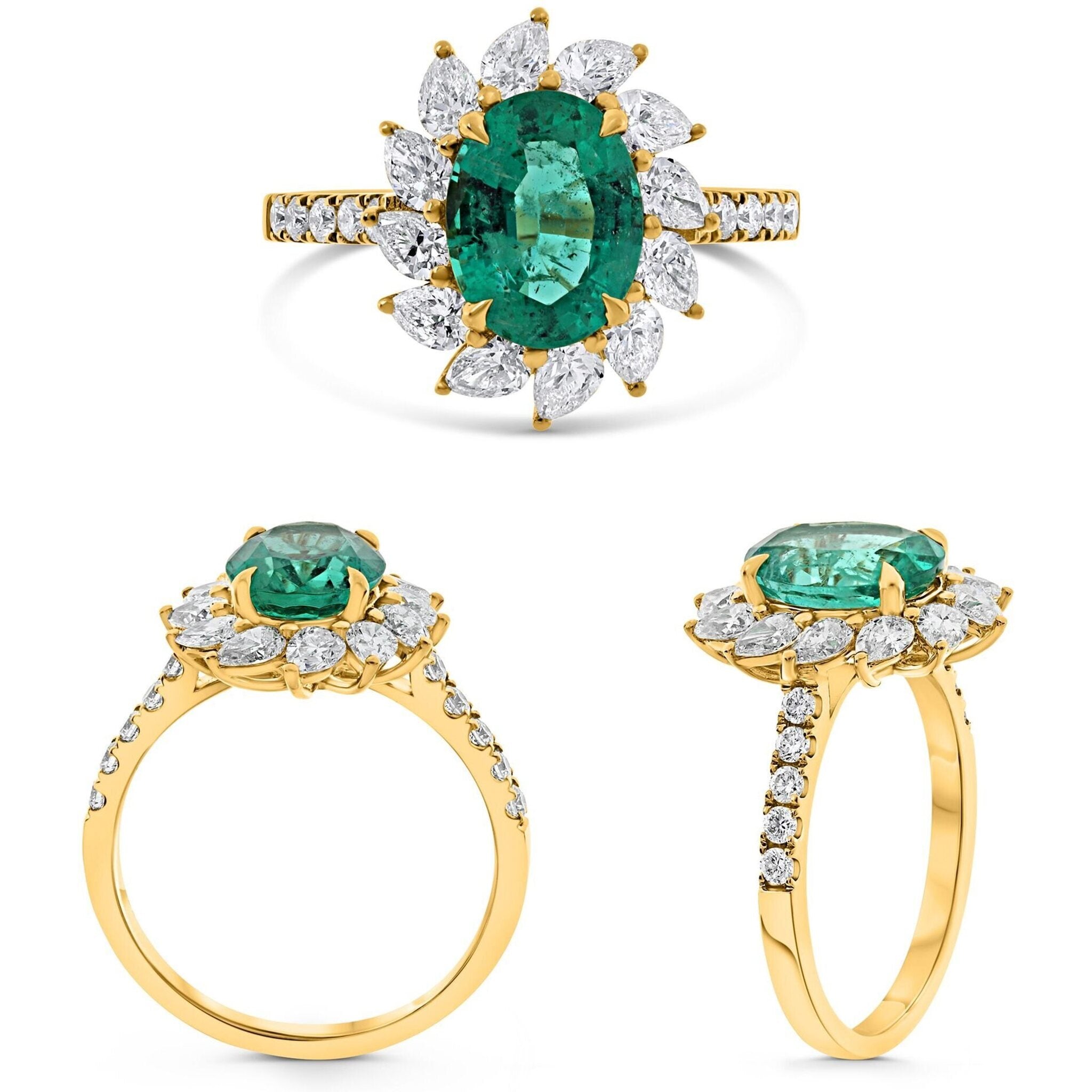 Roman & Jules 18K Yellow Gold Oval Emerald Ring with GIA-Certified 1.77-Carat Emerald and Diamond Accents