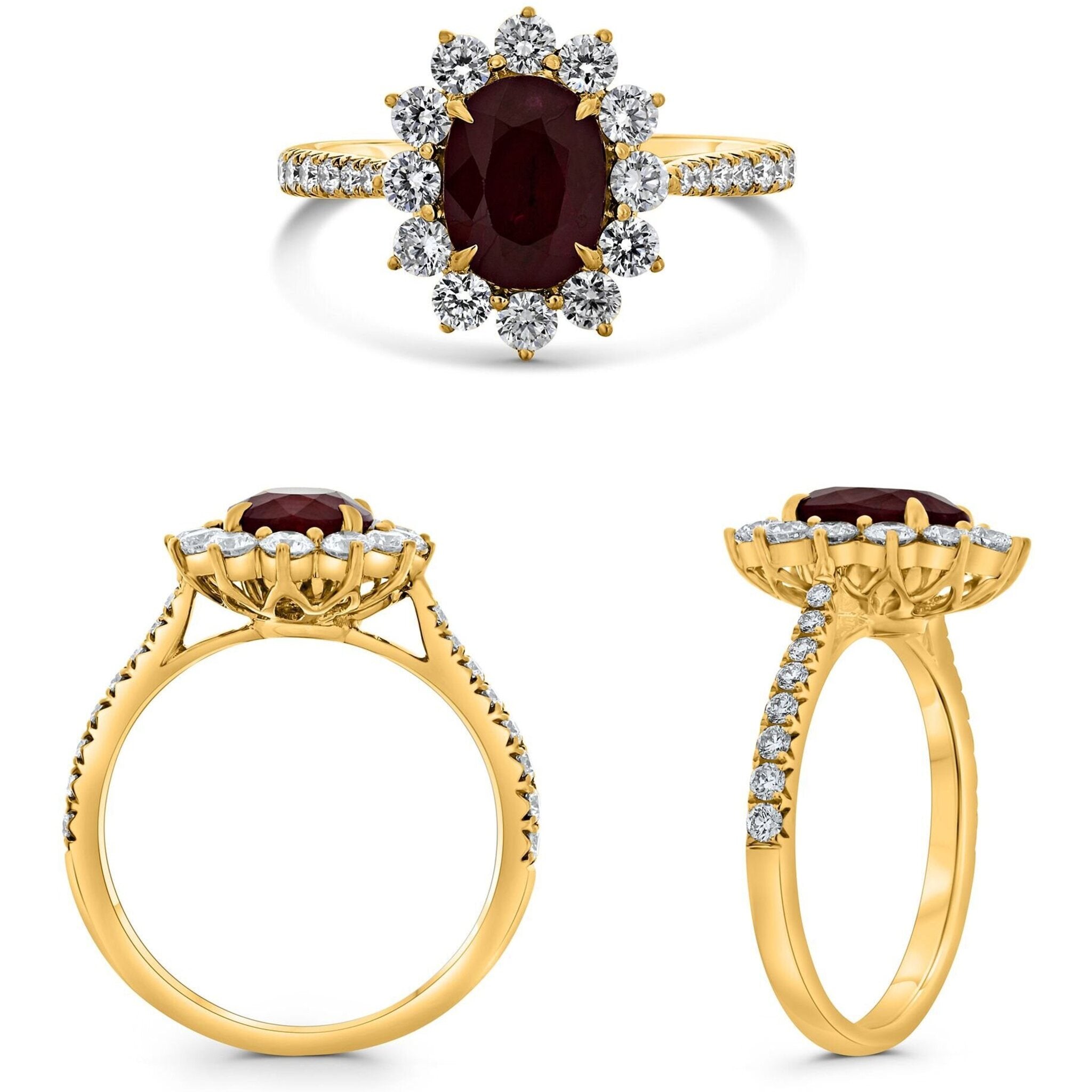 Roman & Jules 18K Yellow Gold Oval Ruby Ring with Diamond Halo - 1.83 Carat Ruby, 0.78 Carat Diamonds