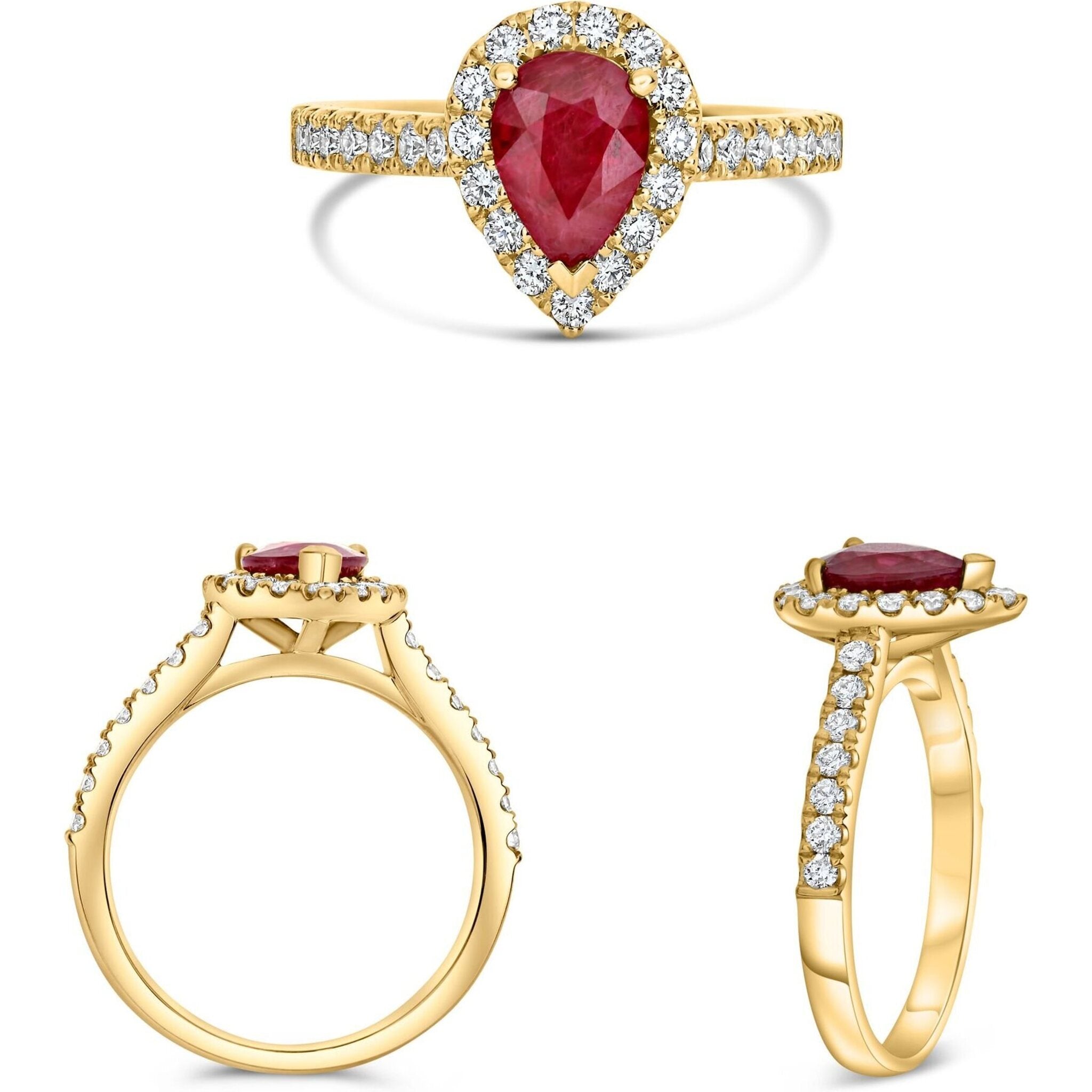 Roman & Jules 18K Yellow Gold Pear Shape Ruby Ring with Diamond Halo - 1.27 Carat Ruby, 0.52 Carat Total Diamond Weight
