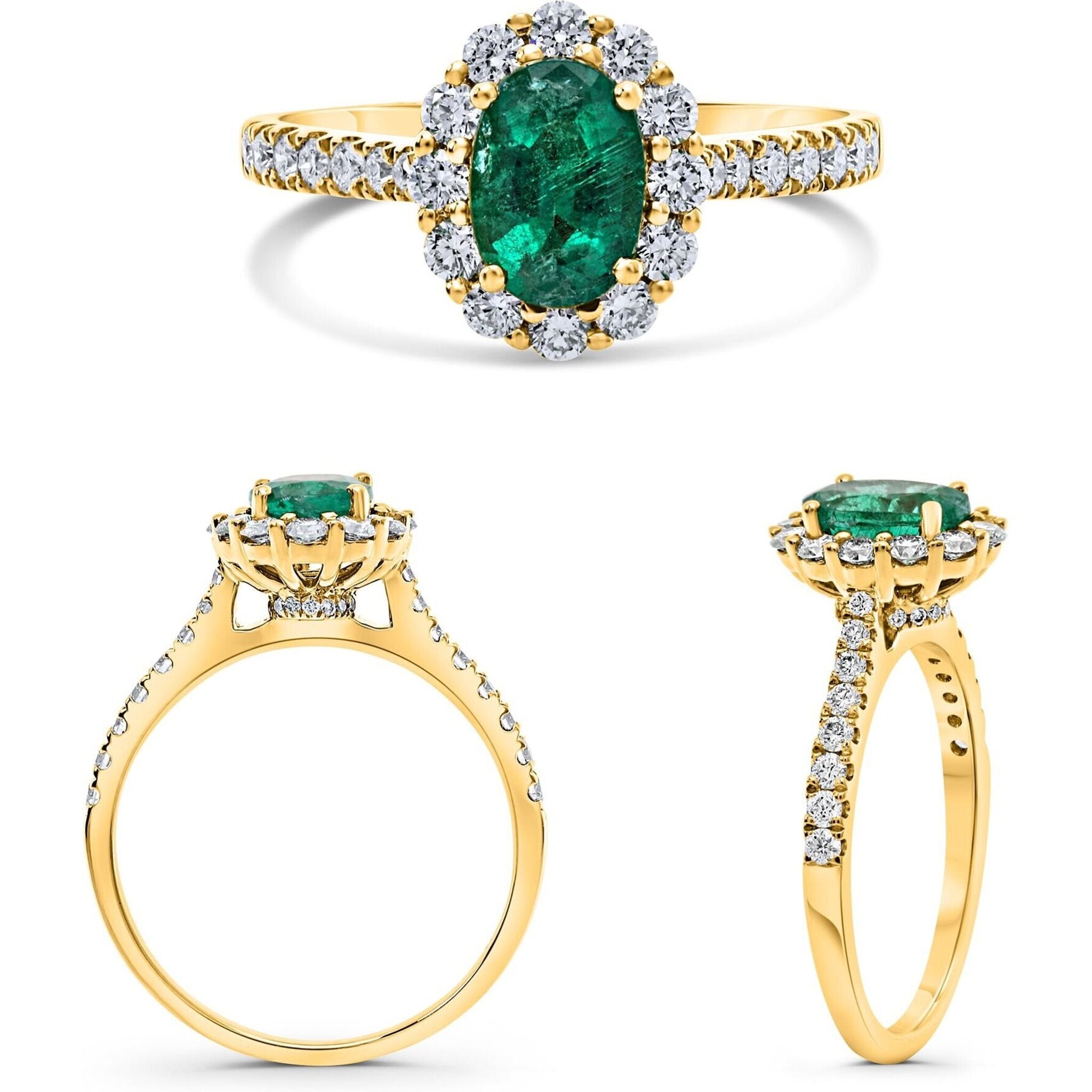 Roman & Jules Oval Emerald and Diamond Halo Ring in 14K/18K Gold - 1.5 Carat Total Gem Weight