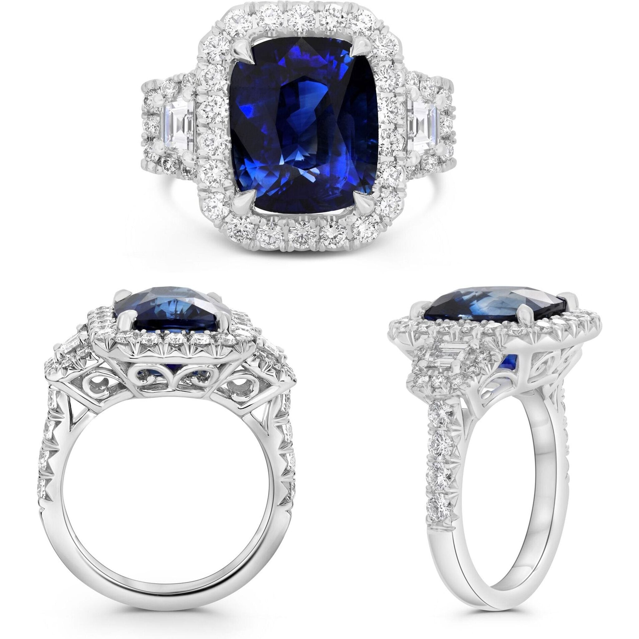 Roman & Jules Platinum Ring with 1.07 Carat Round Diamond and 0.33 Carat Trapezoid Accents - 6.58 Carat Cushion Cut Center (GIA Certified)