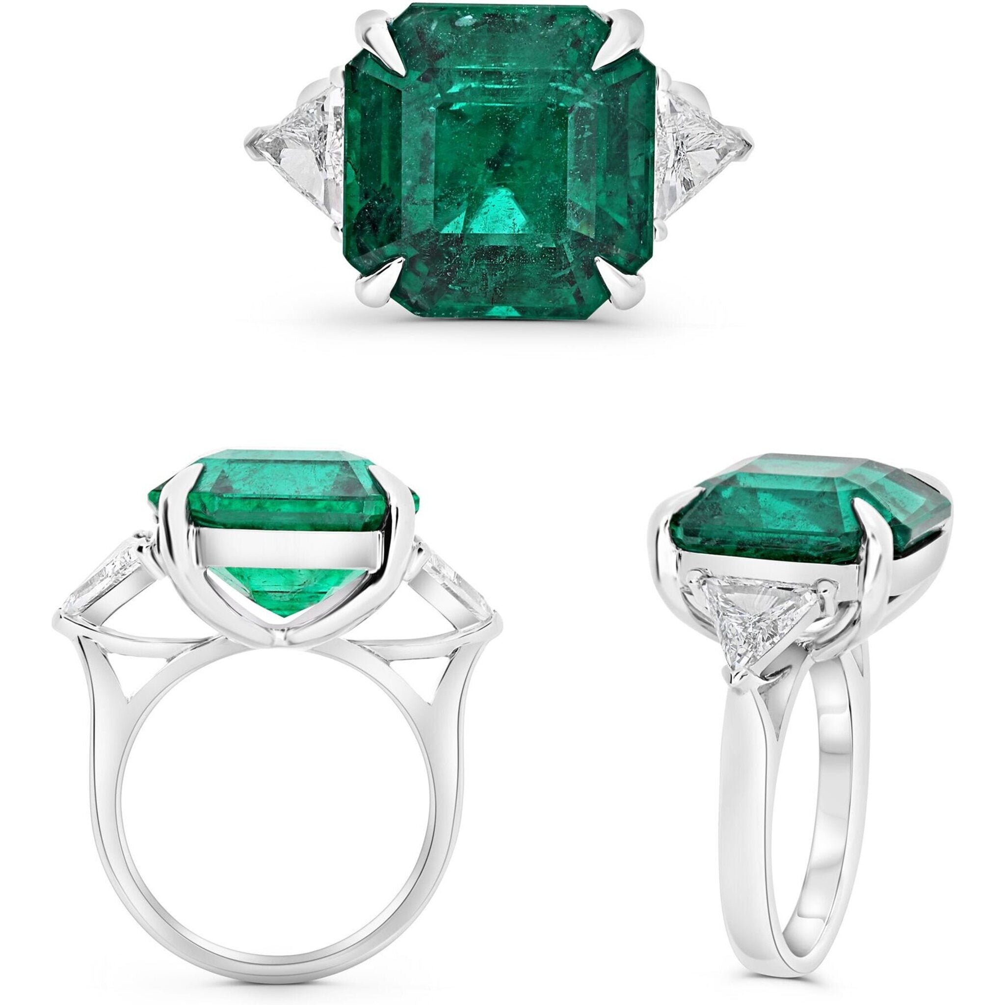 Roman & Jules Platinum Three Stone Radiant Emerald and Trilliant Diamond Ring