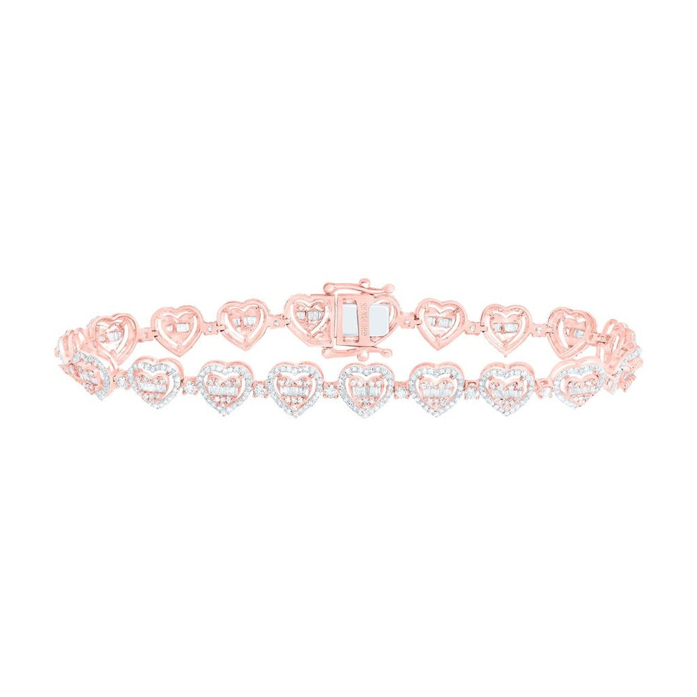 Rose Gold 7-Inch Heart-Link Bracelet with Natural Diamonds - 2 7/8 Carat Total Diamond Weight