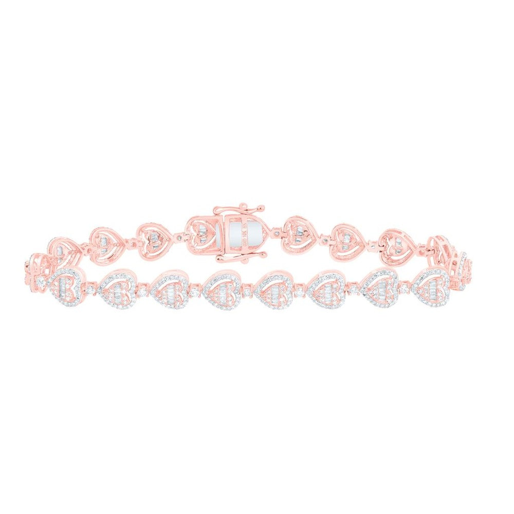 Rose Gold Natural Diamond (10.60 mm) Heart Bracelet ( 7 Inch ) - 2 7/8 Carat Total Diamond Weight