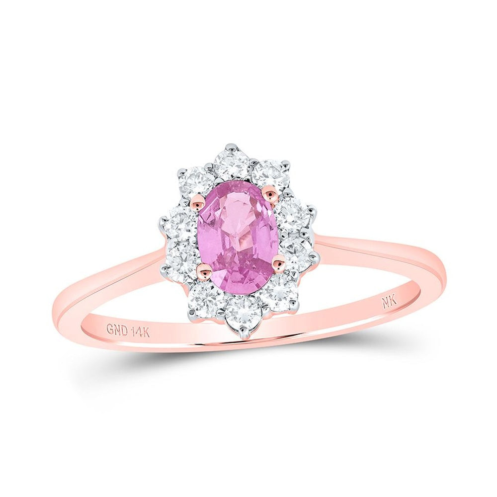 Rose Gold Oval Pink Sapphire Halo Ring with Natural Diamonds - 1/4 Carat Total Diamond Weight