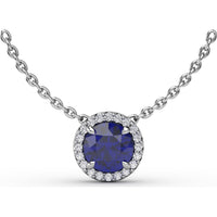 Round Blue Sapphire Pendant with Pavé Diamond Halo by Fana - 1.22 Carat Total Gemstone Weight