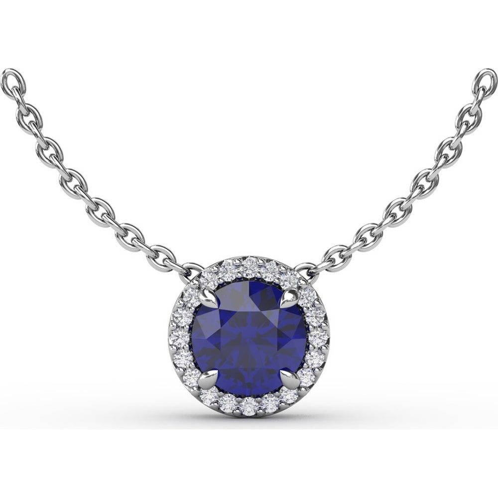 Round Blue Sapphire Pendant with Pavé Diamond Halo by Fana - 1.22 Carat Total Gemstone Weight