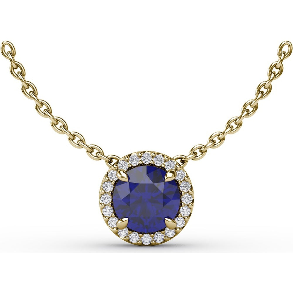 Round Blue Sapphire Pendant with Pavé Diamond Halo by Fana - 1.22 Carat Total Gemstone Weight