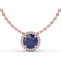Round Blue Sapphire Pendant with Pavé Diamond Halo by Fana - 1.22 Carat Total Gemstone Weight