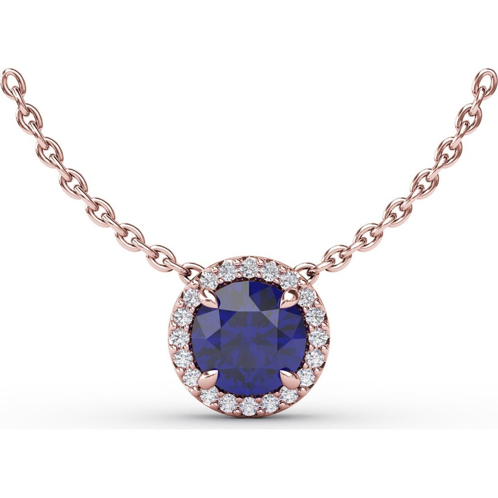 Round Blue Sapphire Pendant with Pavé Diamond Halo by Fana - 1.22 Carat Total Gemstone Weight