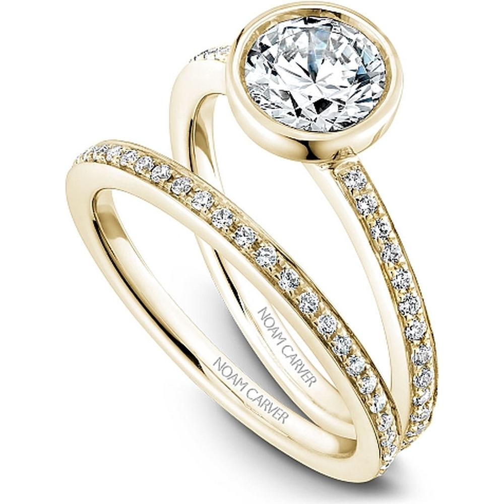 Round Brilliant Cut Diamond Engagement Ring with Bezel Setting and Pavé Band in Yellow Gold by Noam Carver<em> - Choose Your Center Diamond: 1 to 5 Carats, Sustainable Lab-Grown or Natural Earth-Mined</em>