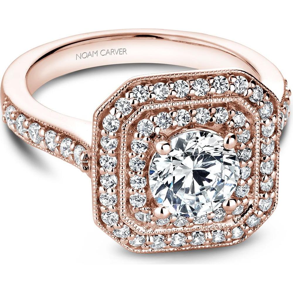Round Brilliant-Cut Diamond Engagement Ring with Double Halo and Octagonal Design in Rose Gold by Noam Carver<em> - Choose Your Center Diamond: 1 to 5 Carats, Sustainable Lab-Grown or Natural Earth-Mined</em>