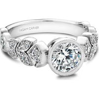 Round Brilliant Cut Diamond Engagement Ring with Floral Motifs and Milgrain Details in White Gold by Noam Carver<em> - Choose Your Center Diamond: 1 to 5 Carats, Sustainable Lab-Grown or Natural Earth-Mined</em>