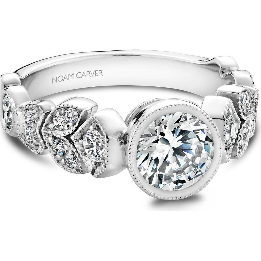 Round Brilliant Cut Diamond Engagement Ring with Floral Motifs and Milgrain Details in White Gold by Noam Carver<em> - Choose Your Center Diamond: 1 to 5 Carats, Sustainable Lab-Grown or Natural Earth-Mined</em>