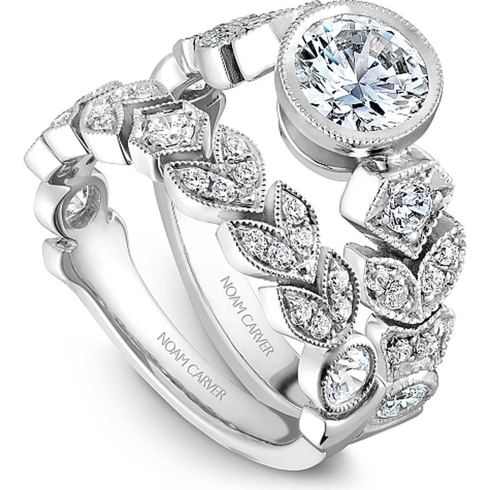 Round Brilliant Cut Diamond Engagement Ring with Floral Motifs and Milgrain Details in White Gold by Noam Carver<em> - Choose Your Center Diamond: 1 to 5 Carats, Sustainable Lab-Grown or Natural Earth-Mined</em>