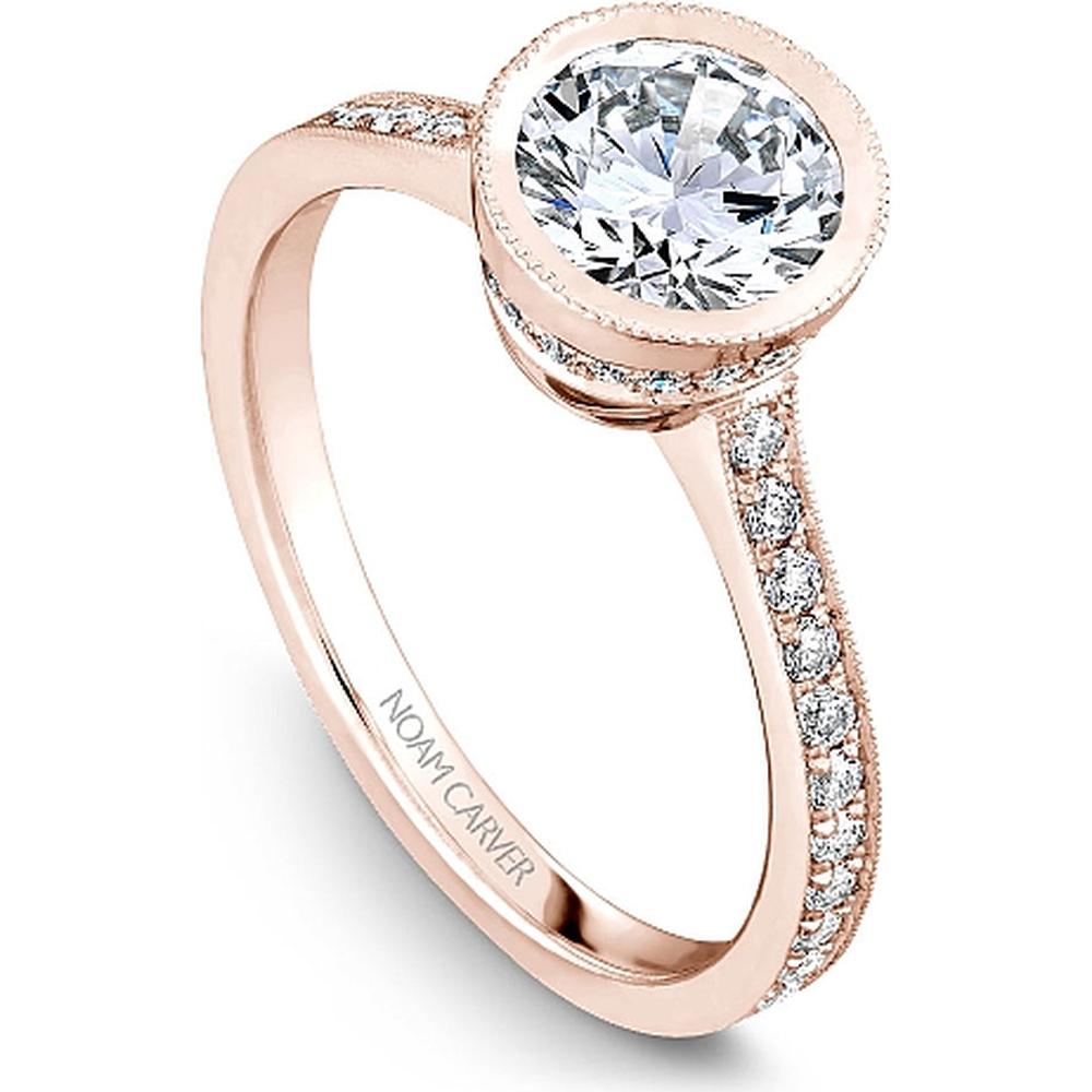 Round Brilliant Cut Diamond Engagement Ring with Halo and Micro-Pav&eacute; Band in Rose Gold by Noam Carver<em> - Choose Your Center Diamond: 1 to 5 Carats, Sustainable Lab-Grown or Natural Earth-Mined</em>