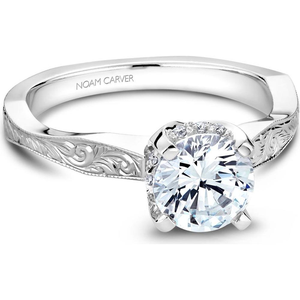 Round Brilliant Diamond Engagement Ring with Semi-Hidden Halo and Engraved Band in White Gold by Noam Carver<em> - Choose Your Center Diamond: 1 to 5 Carats, Sustainable Lab-Grown or Natural Earth-Mined</em>