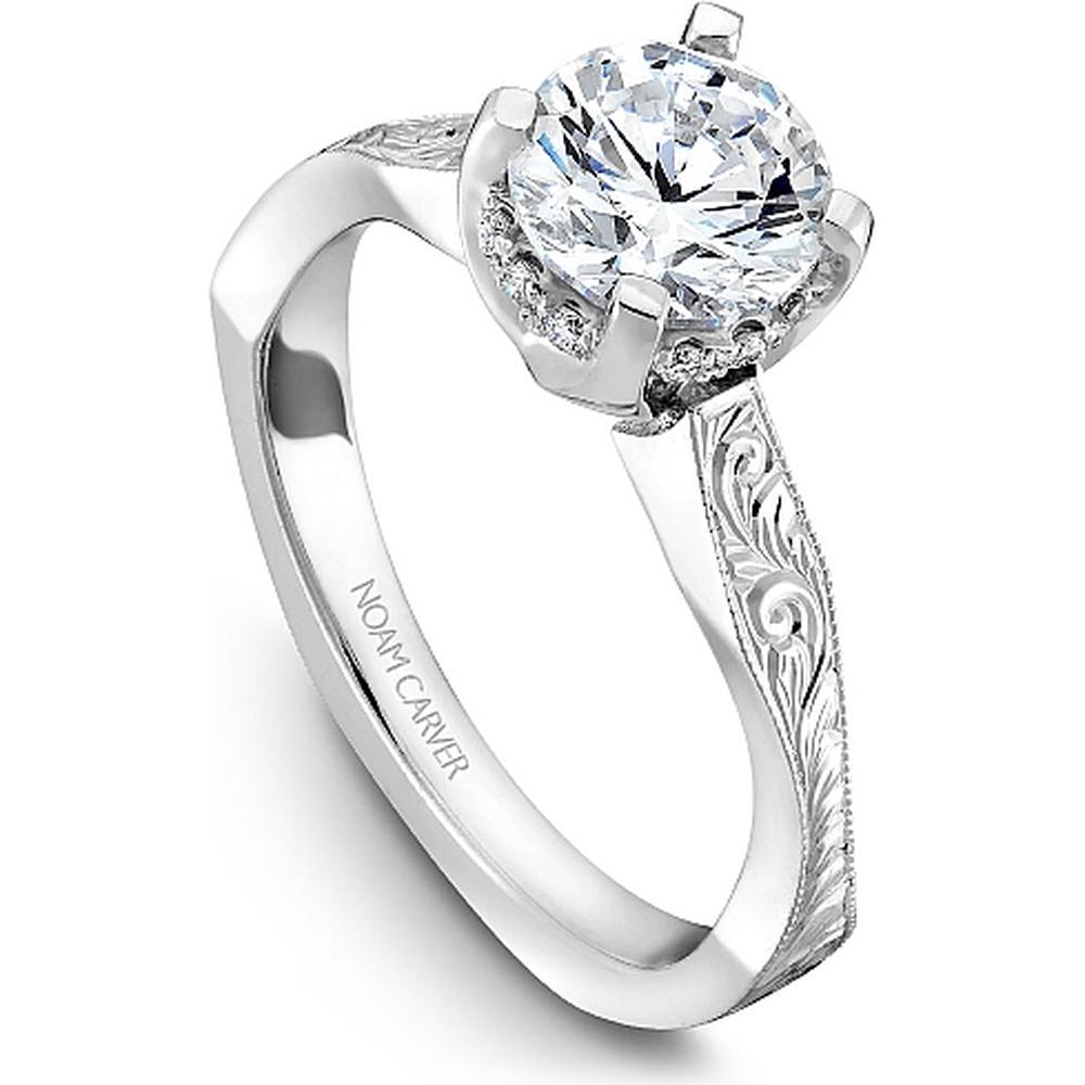 Round Brilliant Diamond Engagement Ring with Semi-Hidden Halo and Engraved Band in White Gold by Noam Carver<em> - Choose Your Center Diamond: 1 to 5 Carats, Sustainable Lab-Grown or Natural Earth-Mined</em>