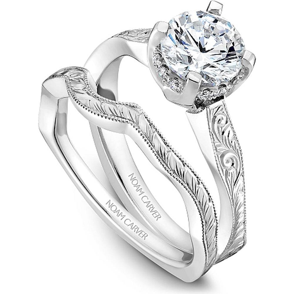 Round Brilliant Diamond Engagement Ring with Semi-Hidden Halo and Engraved Band in White Gold by Noam Carver<em> - Choose Your Center Diamond: 1 to 5 Carats, Sustainable Lab-Grown or Natural Earth-Mined</em>