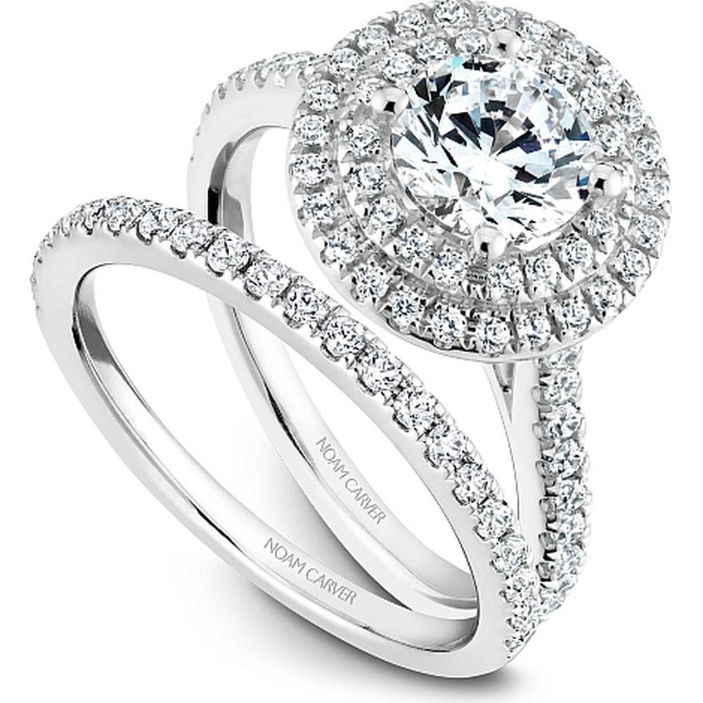 Round Cut Diamond Double Halo Engagement Ring with Pavé Band in White Gold by Noam Carver<em> - Choose Your Center Diamond: 1 to 5 Carats, Sustainable Lab-Grown or Natural Earth-Mined</em>