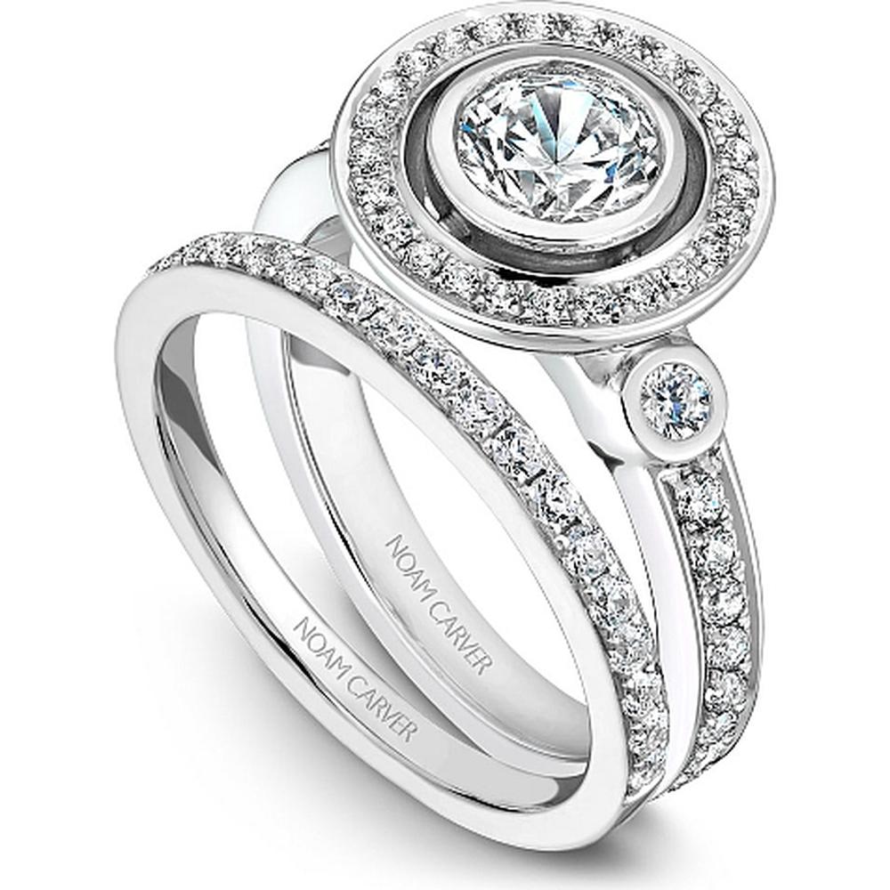 Round Cut Diamond Engagement Ring with Bezel Setting and Halo in White Gold by Noam Carver<em> - Choose Your Center Diamond: 1 to 5 Carats, Sustainable Lab-Grown or Natural Earth-Mined</em>