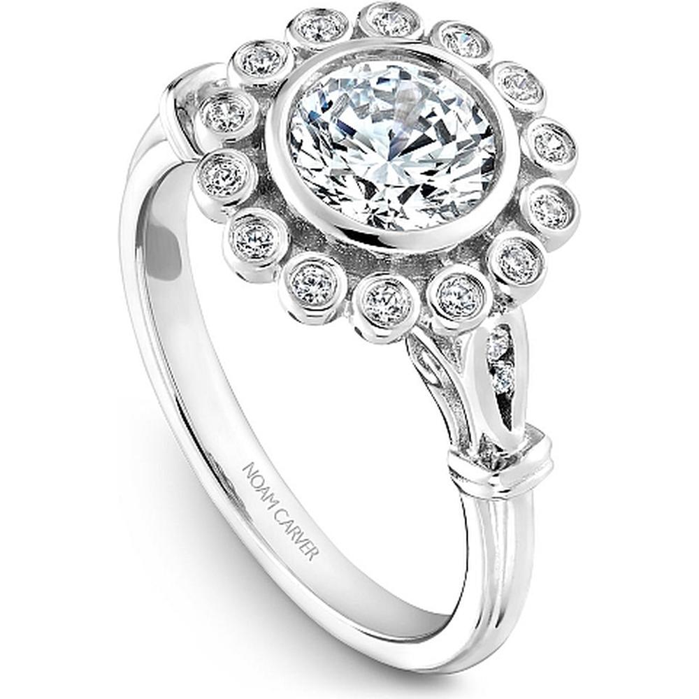 Round Cut Diamond Engagement Ring with Bezel Setting and Halo in White Gold by Noam Carver<em> - Choose Your Center Diamond: 1 to 5 Carats, Sustainable Lab-Grown or Natural Earth-Mined</em>