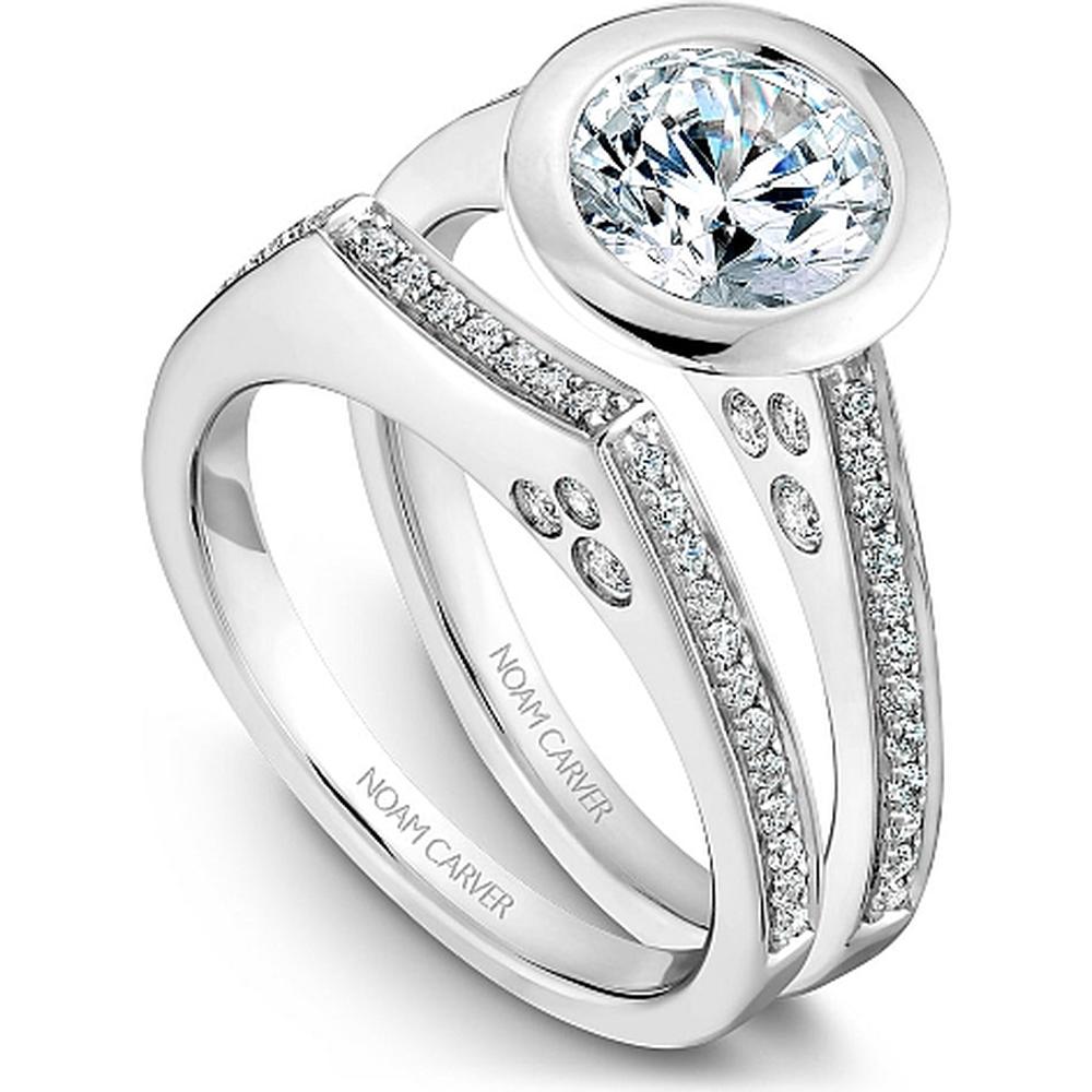 Round Cut Diamond Engagement Ring with Bezel Setting and Pav&eacute; Band in White Gold by Noam Carver<em> - Choose Your Center Diamond: 1 to 5 Carats, Sustainable Lab-Grown or Natural Earth-Mined</em>