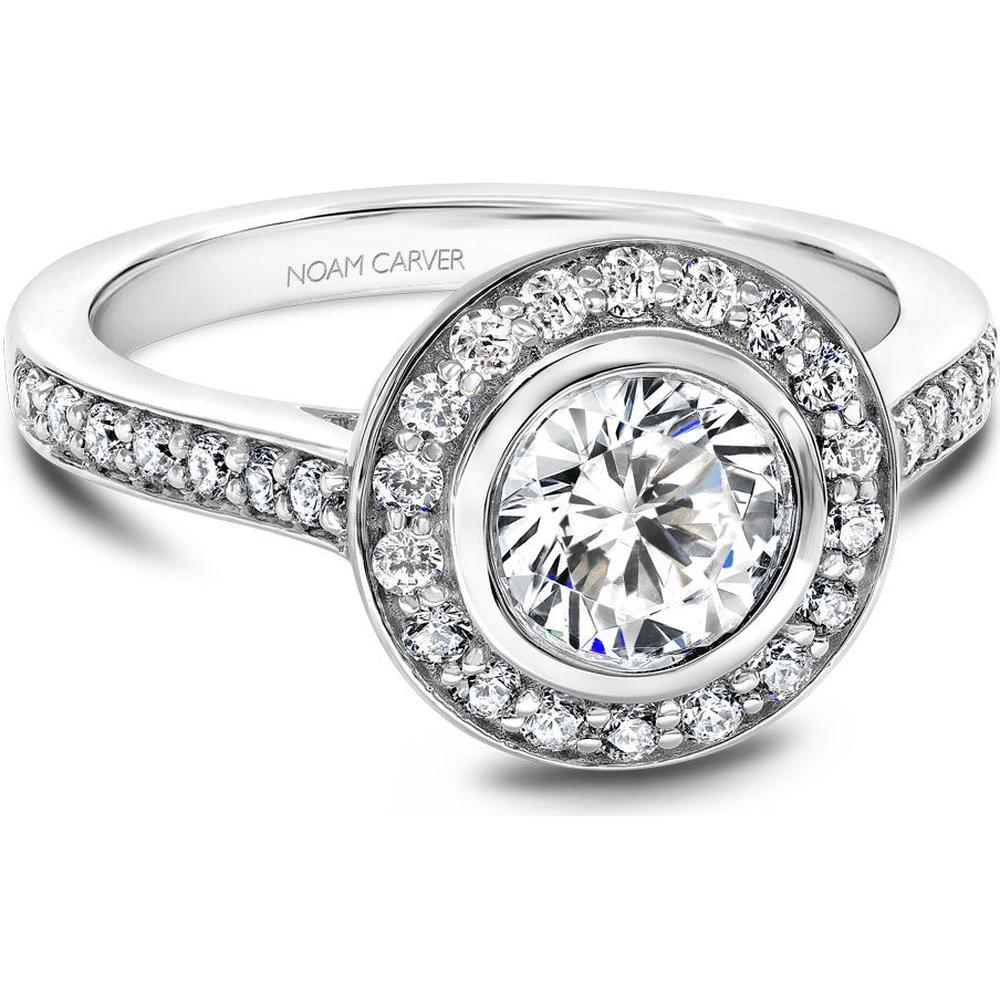 Round Cut Diamond Engagement Ring with Bezel Setting, Halo, and Micro-Pavé Band in White Gold by Noam Carver<em> - Choose Your Center Diamond: 1 to 5 Carats, Sustainable Lab-Grown or Natural Earth-Mined</em>