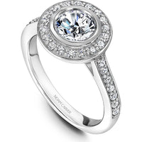 Round Cut Diamond Engagement Ring with Bezel Setting, Halo, and Micro-Pavé Band in White Gold by Noam Carver<em> - Choose Your Center Diamond: 1 to 5 Carats, Sustainable Lab-Grown or Natural Earth-Mined</em>