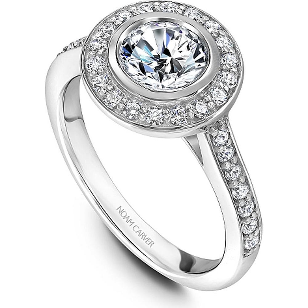 Round Cut Diamond Engagement Ring with Bezel Setting, Halo, and Micro-Pavé Band in White Gold by Noam Carver<em> - Choose Your Center Diamond: 1 to 5 Carats, Sustainable Lab-Grown or Natural Earth-Mined</em>