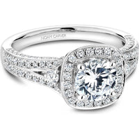 Round Cut Diamond Engagement Ring with Cushion Halo, Dual Pavé Rows, and Milgrain Detail in White Gold by Noam Carver<em> - Choose Your Center Diamond: 1 to 5 Carats, Sustainable Lab-Grown or Natural Earth-Mined</em>