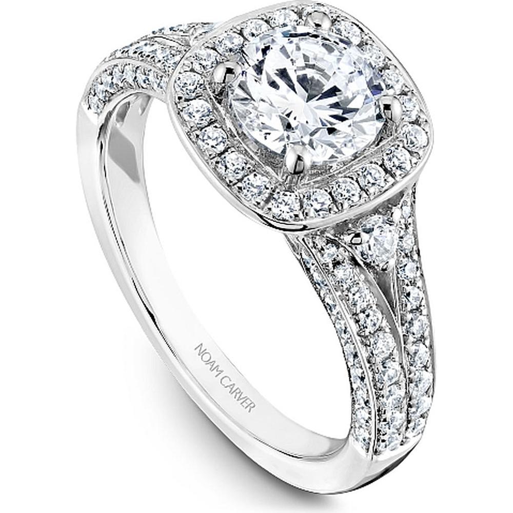 Round Cut Diamond Engagement Ring with Cushion Halo, Dual Pavé Rows, and Milgrain Detail in White Gold by Noam Carver<em> - Choose Your Center Diamond: 1 to 5 Carats, Sustainable Lab-Grown or Natural Earth-Mined</em>