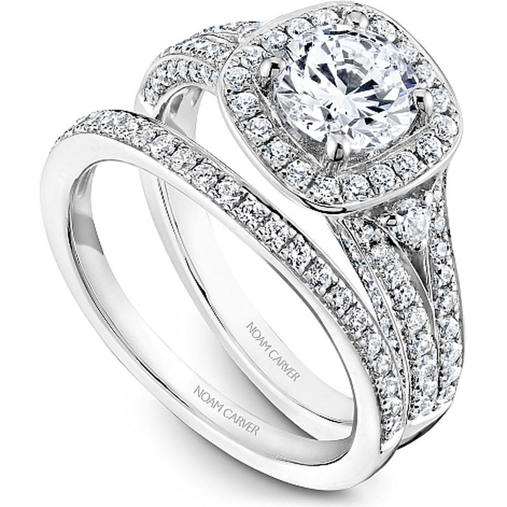 Round Cut Diamond Engagement Ring with Cushion Halo, Dual Pavé Rows, and Milgrain Detail in White Gold by Noam Carver<em> - Choose Your Center Diamond: 1 to 5 Carats, Sustainable Lab-Grown or Natural Earth-Mined</em>