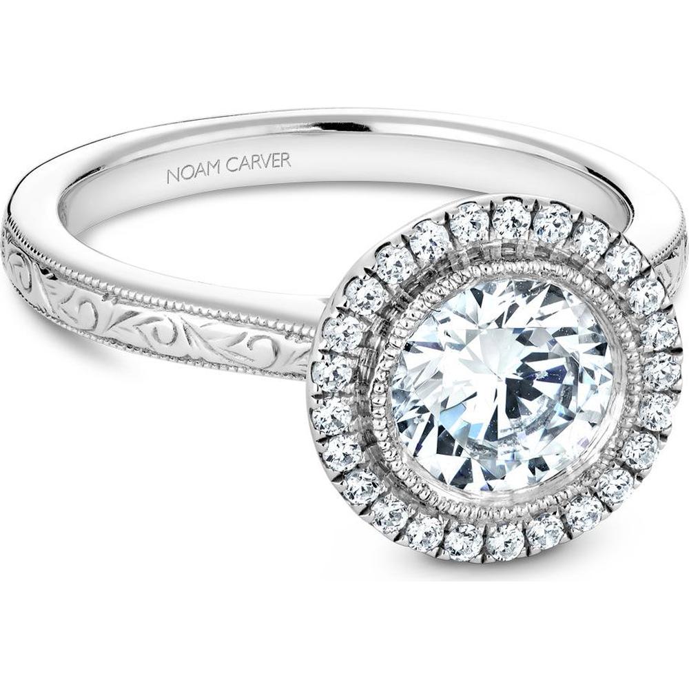 Round Cut Diamond Engagement Ring with Double Halo and Engraved Scroll Pattern in White Gold by Noam Carver<em> - Choose Your Center Diamond: 1 to 5 Carats, Sustainable Lab-Grown or Natural Earth-Mined</em>