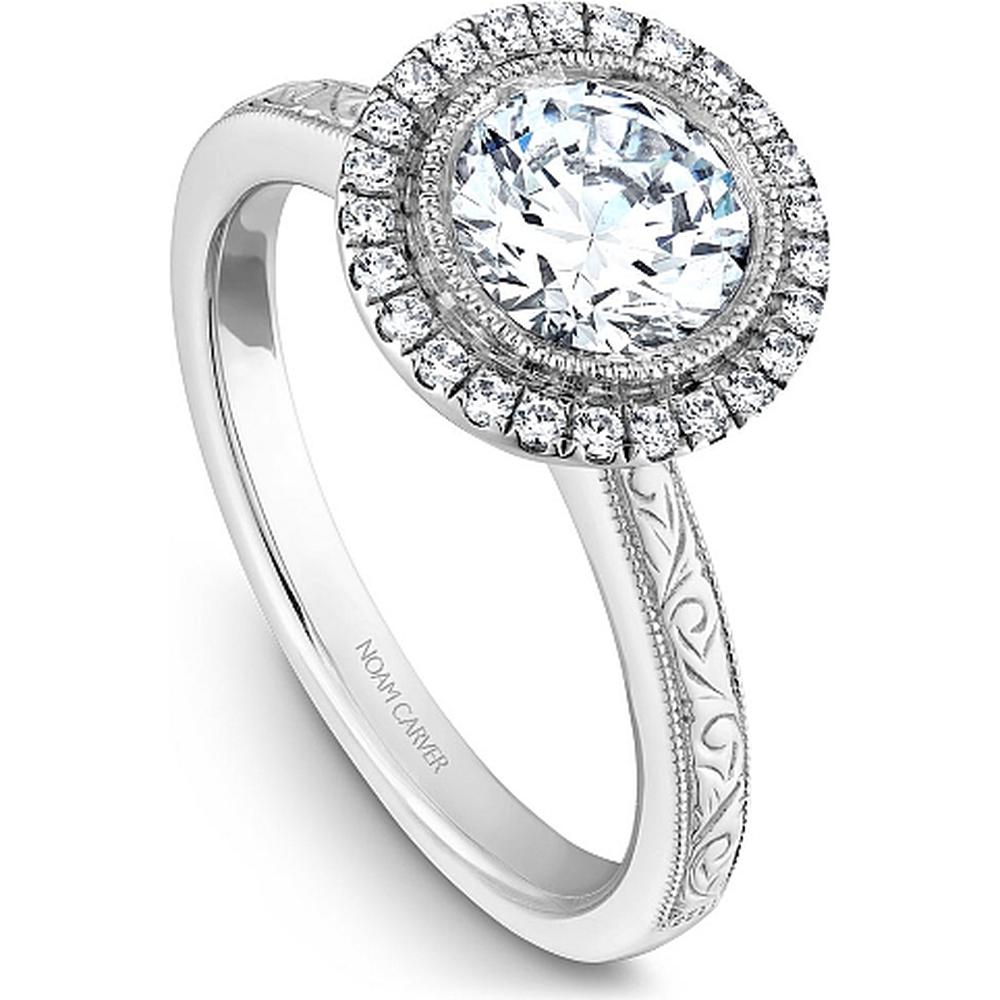 Round Cut Diamond Engagement Ring with Double Halo and Engraved Scroll Pattern in White Gold by Noam Carver<em> - Choose Your Center Diamond: 1 to 5 Carats, Sustainable Lab-Grown or Natural Earth-Mined</em>