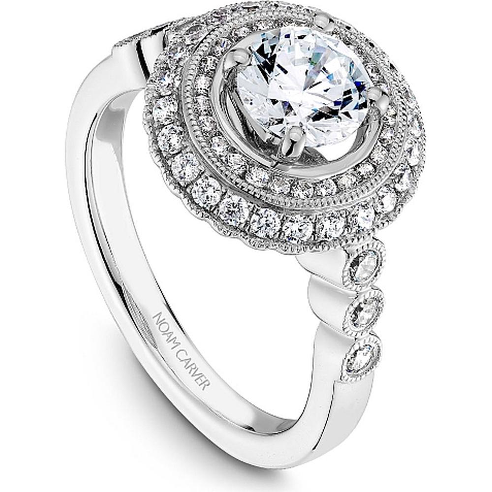 Round Cut Diamond Engagement Ring with Double Halo and Filigree Details in White Gold by Noam Carver<em> - Choose Your Center Diamond: 1 to 5 Carats, Sustainable Lab-Grown or Natural Earth-Mined</em>