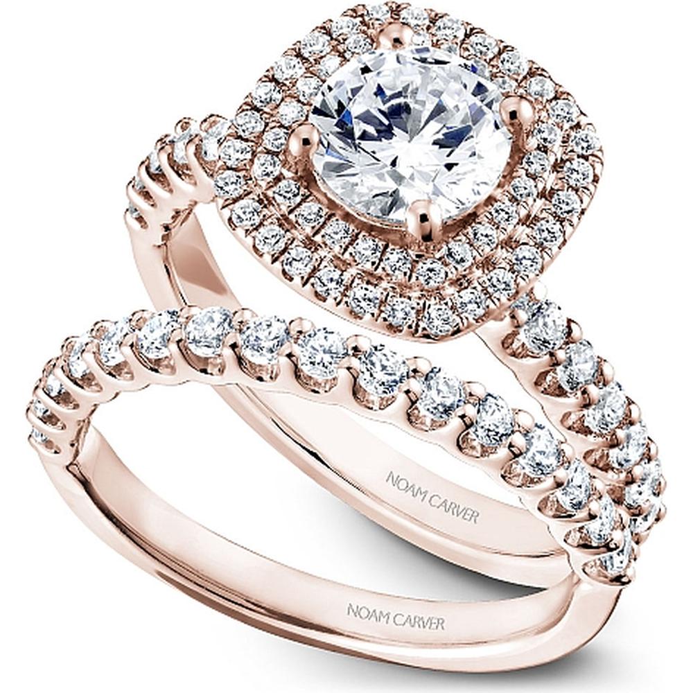Round Cut Diamond Engagement Ring with Double Halo and Latticework in Rose Gold by Noam Carver<em> - Choose Your Center Diamond: 1 to 5 Carats, Sustainable Lab-Grown or Natural Earth-Mined</em>