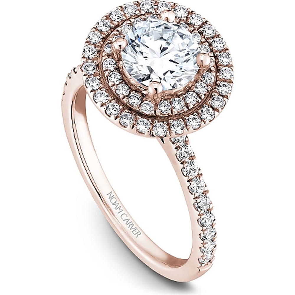 Round Cut Diamond Engagement Ring with Double Halo and Pavé Band in Rose Gold by Noam Carver<em> - Choose Your Center Diamond: 1 to 5 Carats, Sustainable Lab-Grown or Natural Earth-Mined</em>